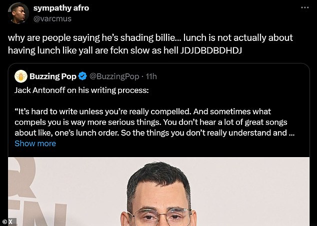 Others did not believe that the comment was not meant to shade the Lovely hitmaker as one X user wrote: 'why are people saying he¿s shading billie¿ lunch is not actually about having lunch like yall are fckn slow as hell JDJDBDBDHDJ'