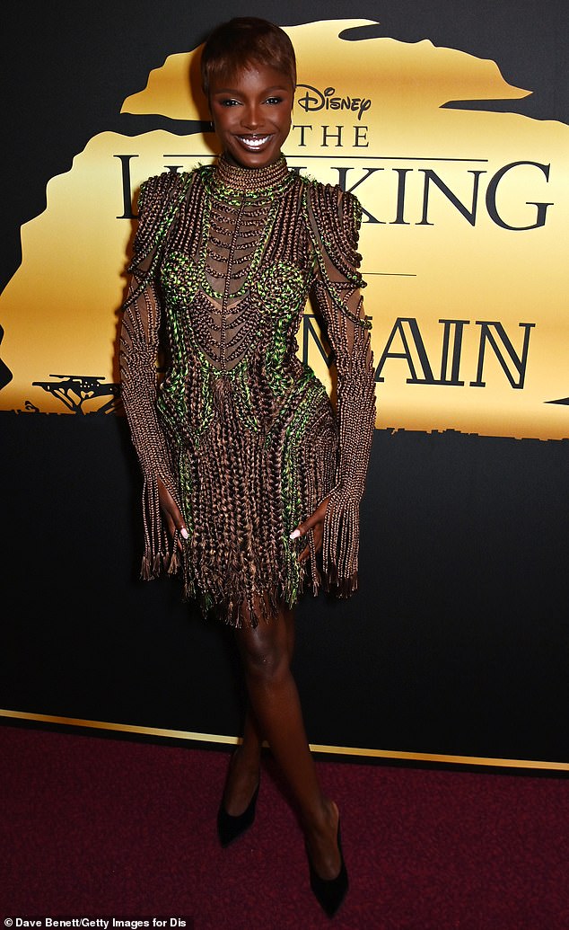 Leomie Anderson, 31, who also models, looked beautiful in a brown and green heavily beaded dress