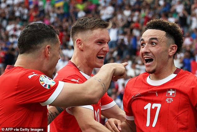 Switzerland's midfielder Ruben Vargas (right) celebrated with teammates after scoring his team's second goal against Italy on June 29