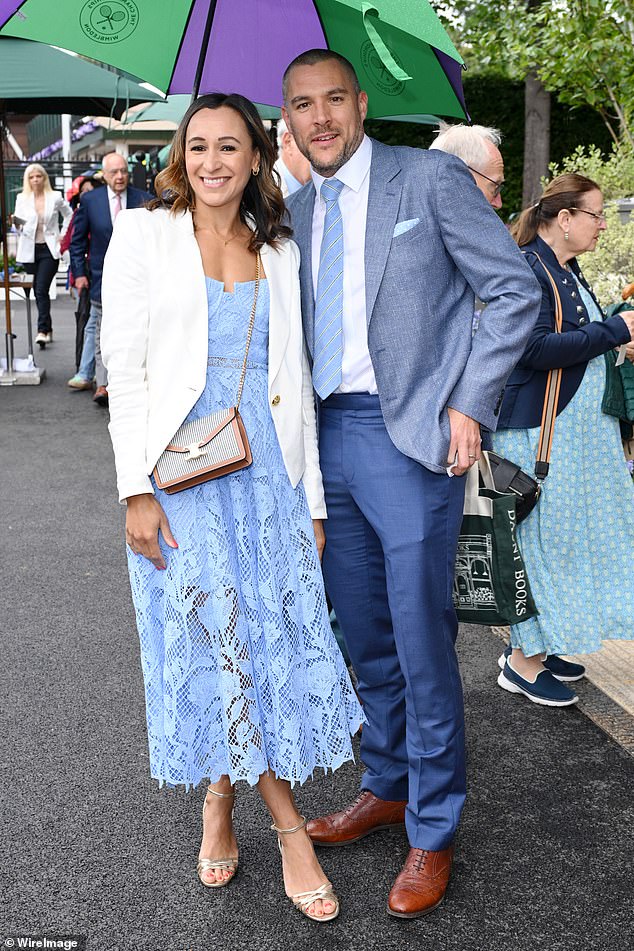 Jessica was joined by her husband Andy Hill who matched his wife with a pale blue tie, blue jacket and trousers