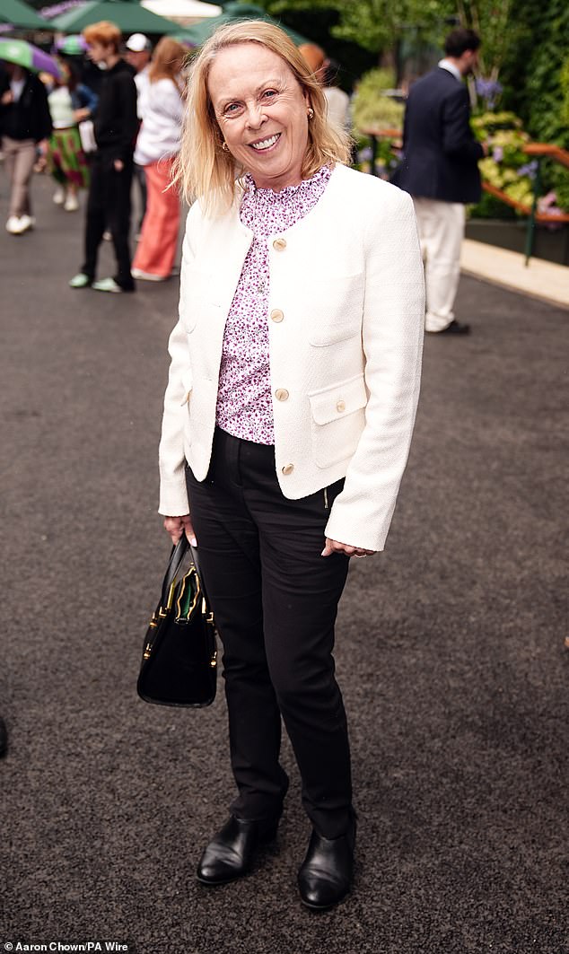 Elsewhere Jayne Torvill kept it classy in a purple patterned blouse and cream jacket with gold buttons