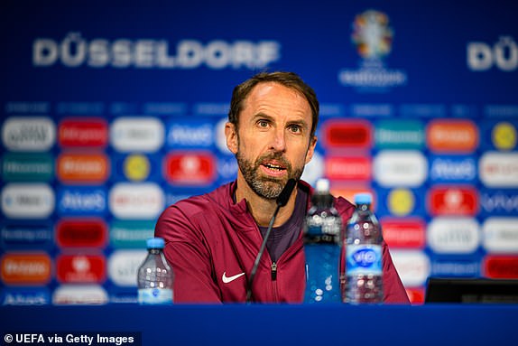 DUSSELDORF, GERMANY - JULY 05: Gareth Southgate, Head coach of England during the press conference at DÃ¼sseldorf Arena on July 05, 2024 in Dusseldorf, Germany. (Photo by Frederic Scheidemann - UEFA/UEFA via Getty Images)