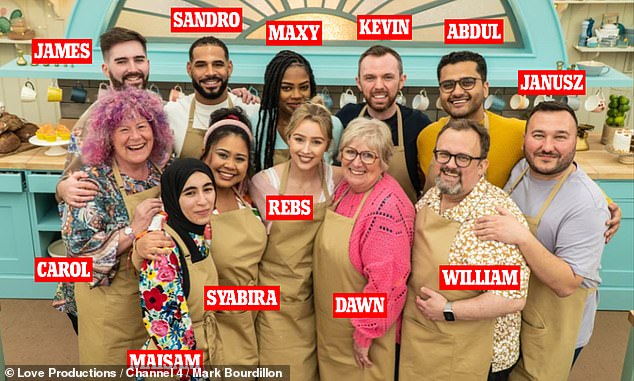 The Great British Bake Off's 2022 lineup: (L-R) Carol, James Maisam, Sandro, Syabira, Maxy, Rebs, Dawn, Kevin, Abdul, William and Janusz