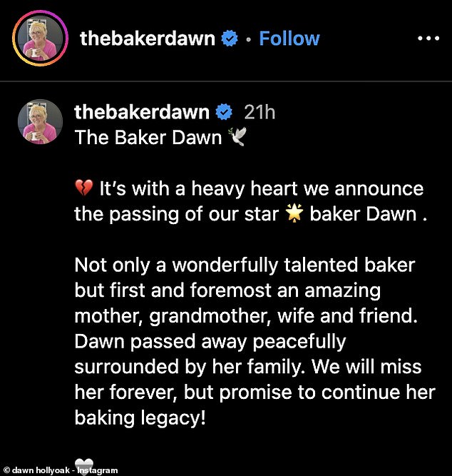 It was announced on Dawn's official Instagram page @thebakerdawn with the caption accompanying a beaming snap of the late star