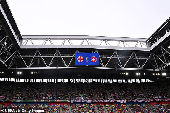 DUSSELDORF, GERMANY - JULY 06: A general view of the LED Screen which features the UEFA EURO 2024 logo and the national flags of England and Switzerland prior to the UEFA EURO 2024 quarter-final match between England and Switzerland at DÃ¼sseldorf Arena on July 06, 2024 in Dusseldorf, Germany. (Photo by Oliver Hardt - UEFA/UEFA via Getty Images)