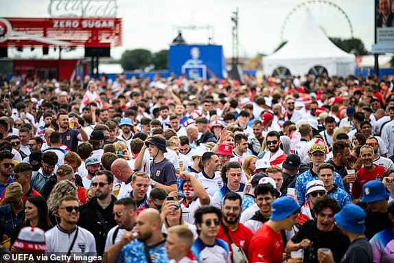 DUSSELDORF, GERMANY - JULY 06: England Fans in the Fan Zone Duesseldorf on July 06, 2024 in Dusseldorf, Germany. (Photo by Frederic Scheidemann - UEFA/UEFA via Getty Images)