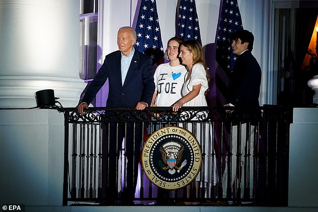 Biden with granddaughter Maisy Biden and family members watch fireworks from the Truman Balcony at the White House during US Independence Day celebrations at the White House