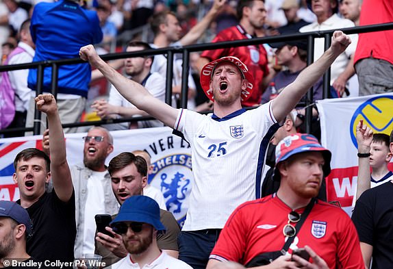 England fans in the stands ahead of the UEFA Euro 2024, quarter-final match at the Dusseldorf Arena, Germany. Picture date: Saturday July 6, 2024. PA Photo. See PA Story SOCCER England. Photo credit should read: Bradley Collyer/PA Wire.RESTRICTIONS: Use subject to FA restrictions. Editorial use only. Commercial use only with prior written consent of the FA. No editing except cropping.