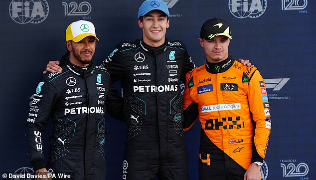 George Russell will start on pole position for tomorrow's British Grand Prix in a Mercedes 1-2 from Lewis Hamilton (left) and Lando Norris (right) in the McLaren in third