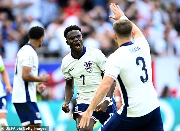 DUSSELDORF, GERMANY - JULY 06: Bukayo Saka of England celebrates scoring his team's first goal with teammate Luke Shaw during the UEFA EURO 2024 quarter-final match between England and Switzerland at DÃ¼sseldorf Arena on July 06, 2024 in Dusseldorf, Germany. (Photo by Michael Regan - UEFA/UEFA via Getty Images)