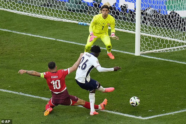 Kobbie Mainoo came close to breaking the deadlock before Granit Xhaka blocked his effort