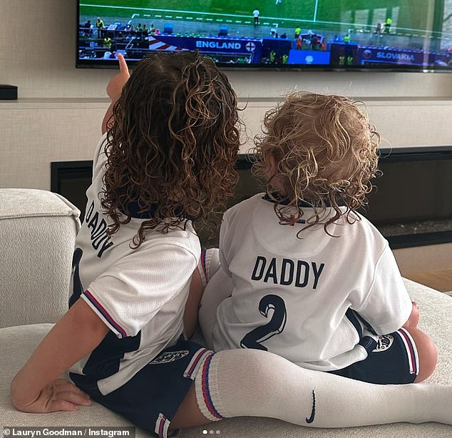 Lauryn Goodman 's children cheered on their father Kyle Walker at the Euros quarter final as they watched the game from home on Saturday