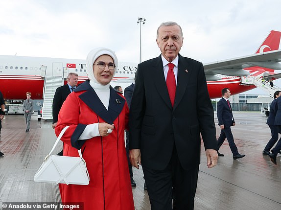 BERLIN, GERMANY - JULY 06: (----EDITORIAL USE ONLY - MANDATORY CREDIT - ' TURKISH PRESIDENCY / MURAT CETINMUHURDAR / HANDOUT' - NO MARKETING NO ADVERTISING CAMPAIGNS - DISTRIBUTED AS A SERVICE TO CLIENTS----) Turkish President Recep Tayyip Erdogan (R) and his wife Emine Erdogan (L) are seen upon their arrival in the airport to watch Netherlands-Turkiye Quarter-Final - UEFA EURO 2024, in Berlin, Germany on July 06, 2024. (Photo by Turkish Presidency / Murat Cetinmuhurdar / Handout/Anadolu via Getty Images)