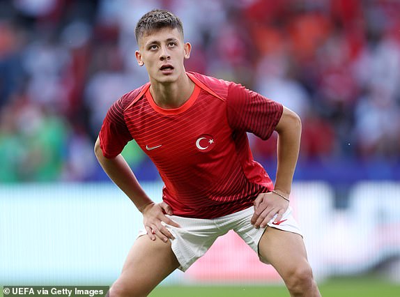 BERLIN, GERMANY - JULY 06: Arda Guler of Turkiye warms up prior to the UEFA EURO 2024 quarter-final match between Netherlands and TÃ¼rkiye at Olympiastadion on July 06, 2024 in Berlin, Germany. (Photo by Alex Pantling - UEFA/UEFA via Getty Images)