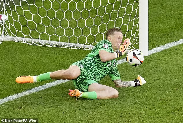 Jordan Pickford made the decisive save in the penalty shootout from Manuel Akanji
