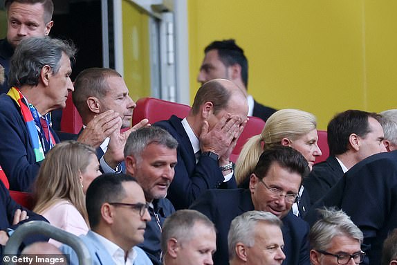 DUSSELDORF, GERMANY - JULY 06: Prince William, Prince of Wales and President of The Football Association, reacts before the penalty shootout during the UEFA EURO 2024 quarter-final match between England and Switzerland at DÃ¼sseldorf Arena on July 06, 2024 in Dusseldorf, Germany. (Photo by Carl Recine/Getty Images)