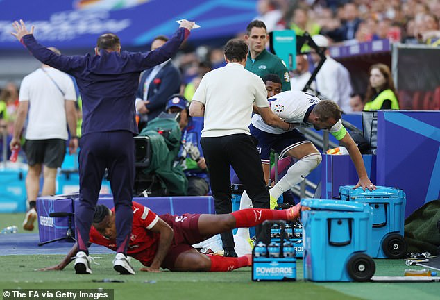 Southgate attempted to stop Kane from falling to the ground as he held out an arm for the captain