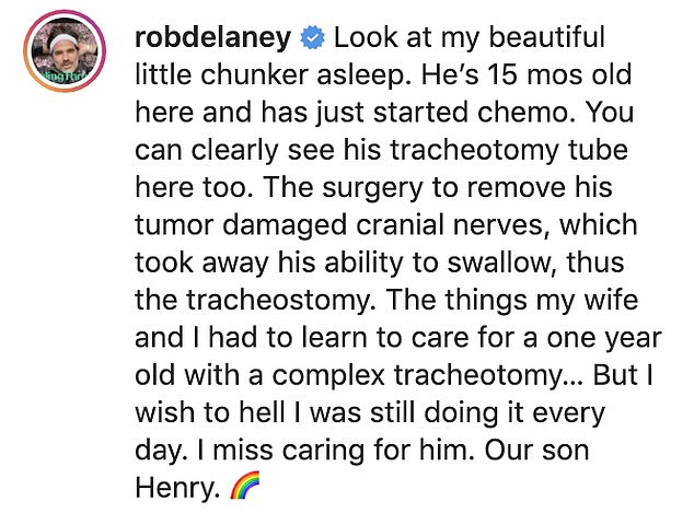 Devastating: In a heartbreaking caption, the Catastrophe star explained how cancer surgery had damaged cranial nerves and left their son unable to swallow - Henry died in 2018