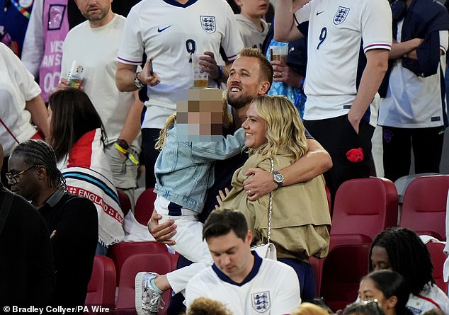 Harry Kane with his wife Katie Goodland and their daughter in the stands celebrating