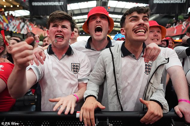 England fans at Wembley's Boxpark show their passion after England won against Switzerland