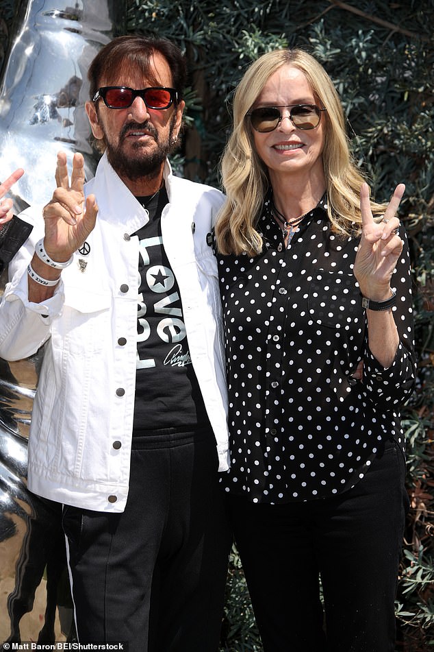 The Beatles star threw up his famous peace sign as he rang in his milestone birthday with his family and friends, featuring musical tributes