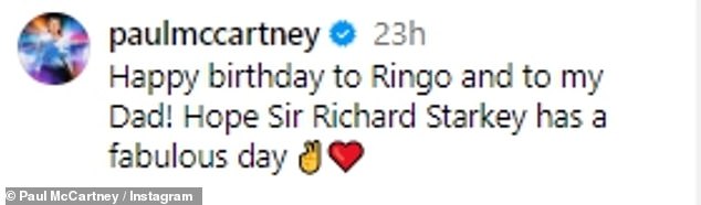 The singer, 82, took to his Instagram to share a photo of him and Ringo sitting front row at his daughter Stella's show during Paris Fashion Week in March and added that it was also the birthday of his father