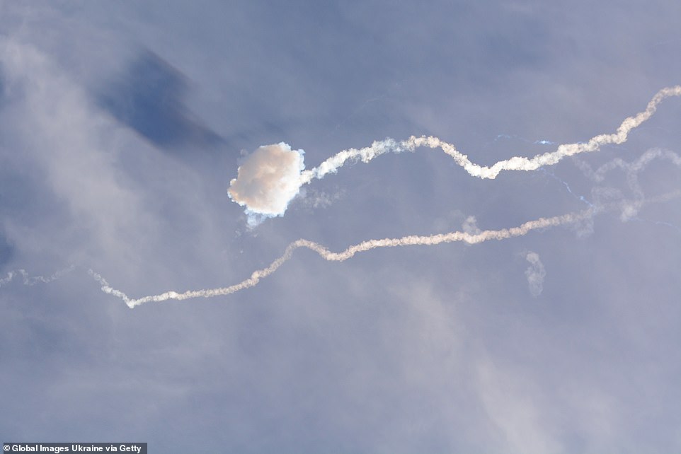 Smoke from a missile is seen in the sky on July 8, 2024 over Kyiv