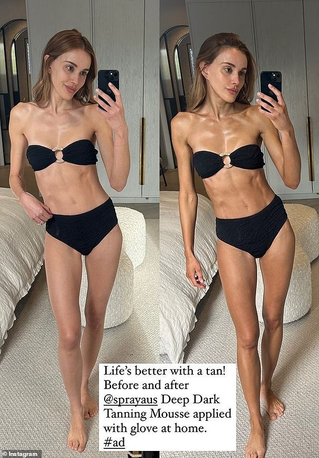 Bec Judd (pictured) has left her fans worried after sharing a video of her self-tanning routine. In the video shared to Instagram, the AFL WAG rubs herself down with a mitt while wearing a black bikini