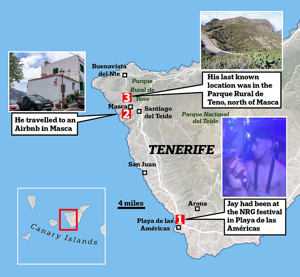 Jay from Oswaldtwistle, Lancashire, has not been seen or heard of since he vanished on June 17 and police spent 13 days combing the Masca gorge, an hour from Playa de las Americas, before calling the search off. Last week, mewly revealed video footage showed where Jay headed to following an after party at Papagayo nightclub on the infamous Veronicas Strip in the raucous Playa de las Americas resort popular with British holidaymakers. On Sunday, Mr Williams-Thomas told MailOnline he interviewed Qassim and coaxed out more details from him, including the nickname 'Johnny Vegas' is his.