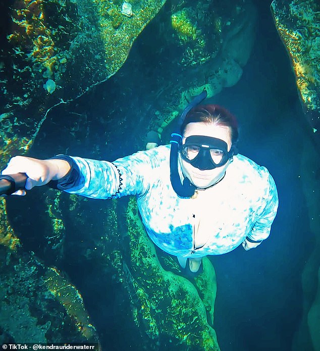 While Kendra primarily films herself while diving, she said she never dives alone and is always accompanied by two safety divers who know how to get her to the surface safely in case of danger