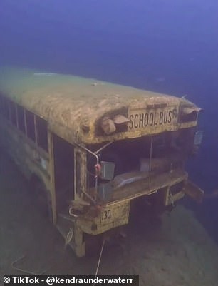 In one TikTok video, captioned ‘Who put that there?’, Kendra reveals a yellow school bus at the bottom of an Ohio quarry (above)