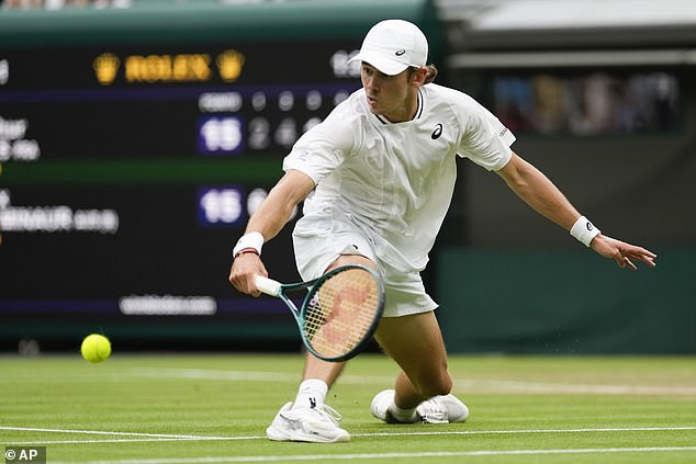 But De Minaur (pictured) was victorious, finishing the match with a deft touch and will now play either Holger Rune or Novak Djokovic