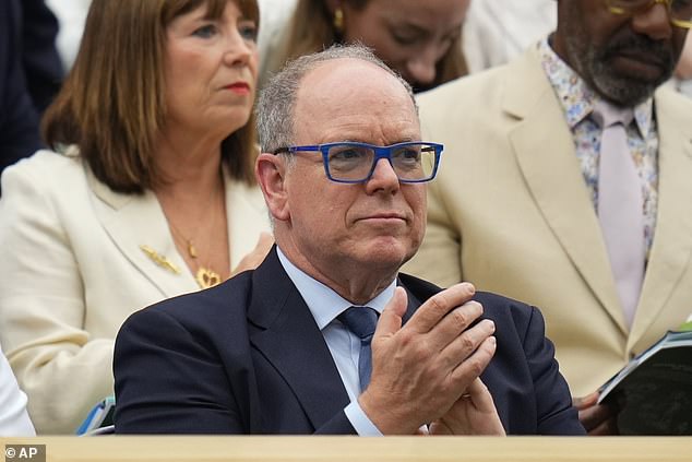 Prince Albert II of Monaco on Centre Court for the fourth round match between Elena Rybakina of Kazakhstan and Russia's Anna Kalinskaya