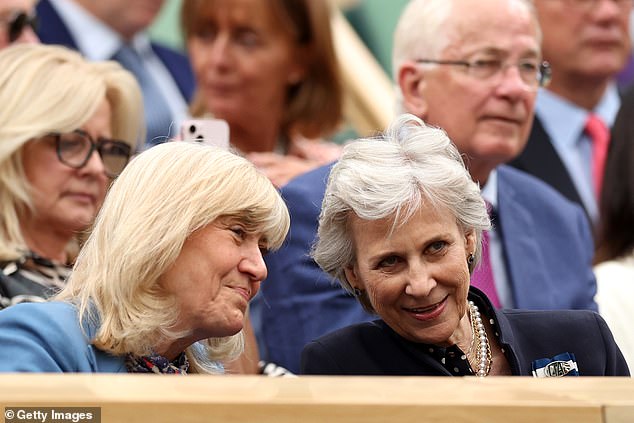 Deborah Jevans, CBE, Chairwoman of the All England Lawn Tennis and Croquet Club talks with HRH Birgitte, Duchess of Gloucester