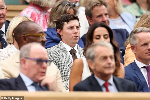 Matthew Fitzpatrick talks in the Royal Box ahead of the Ladies' Singles fourth round match between Elena Rybakina of Kazakhstan and Anna Kalinskaya