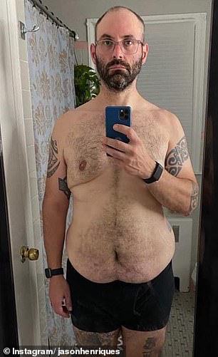 He started by walking three to 12 miles a day and eventually started going to the gym - and within one year, he lost over 150 pounds. Pictured: Jason before his weight loss