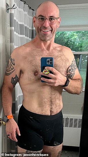 Jason Henriques, 44, from Monroe, Connecticut, explained that an 'innocent' comment made by his three-year-old son purred him to shed 160 pounds in just one year. Pictured: After