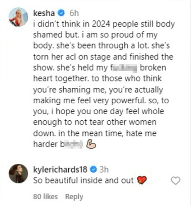 Kesha had called out her critics in her bikini post, while Kyle directly offered her support, calling the singer 'So beautiful inside and out'