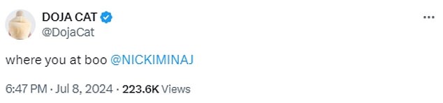 Doja's account also commented on a post by controversial social media personality Andrew Tate, simply writing, 'hey boo'