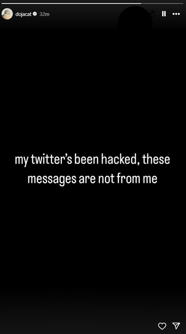 The 28-year-old Agora Hills hitmaker took to her reactivated Instagram ¿ which she previously shut down in March over online bullying ¿ to share the caption: 'My twitter 's been hacked, these messages are not from me'