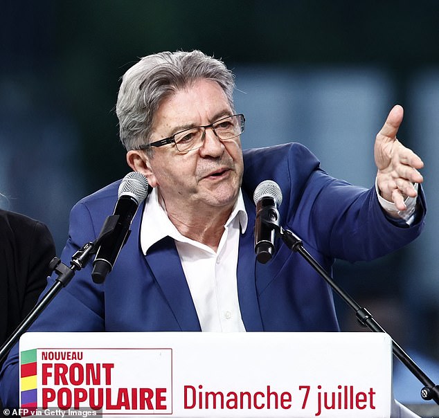 Founder of left-wing party La France Insoumise (LFI) Jean-Luc Melenchon gestures following the first results of the second round of France's legislative election at La Rotonde Stalingrad in Paris on July 7, 2024