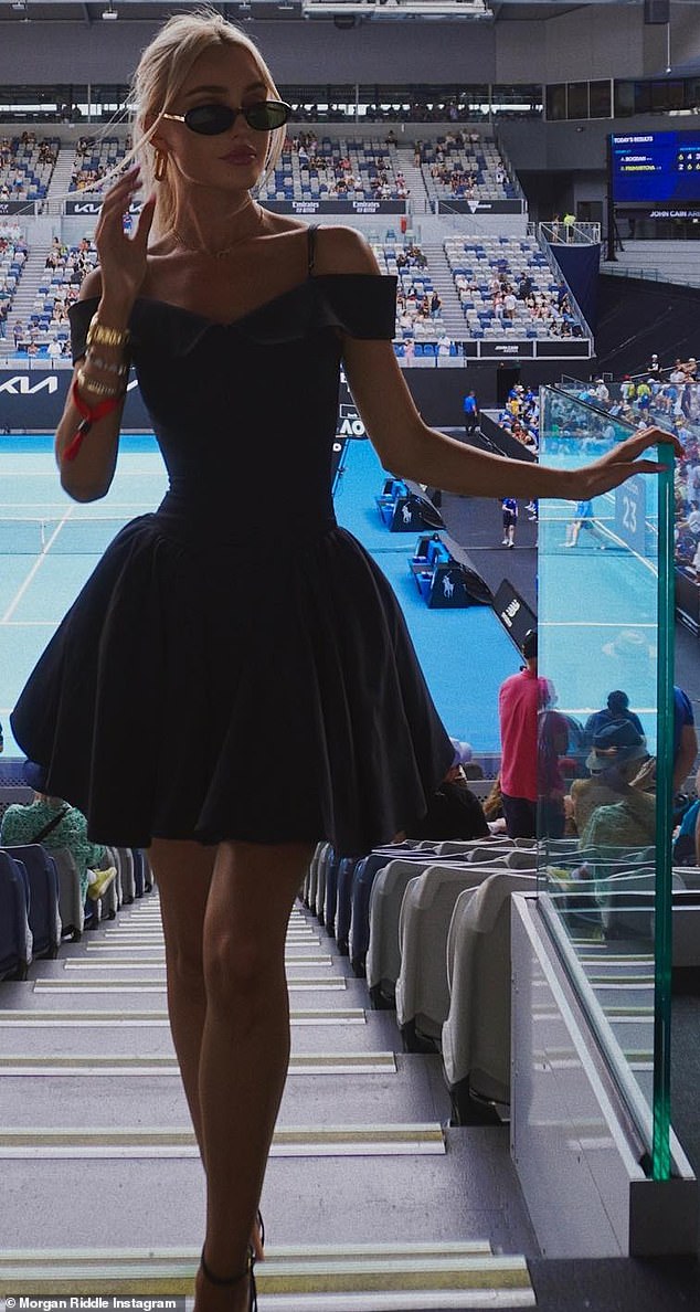 DRESSED UP: Morgan dons a chic little black dress, heels, and sunglasses while attending a tennis match