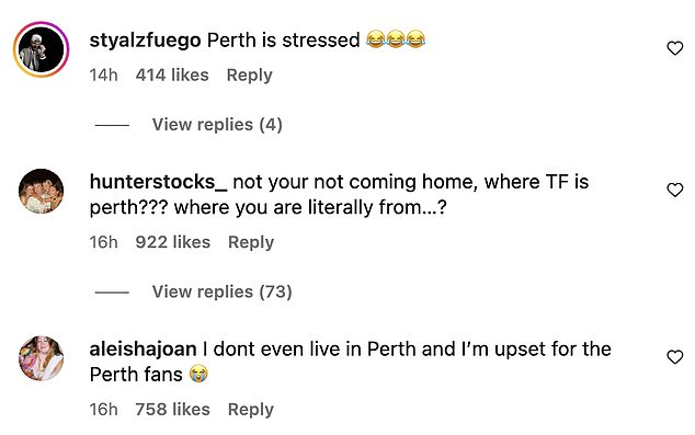 However, Perth fans have been left outraged after he seemingly left out his hometown