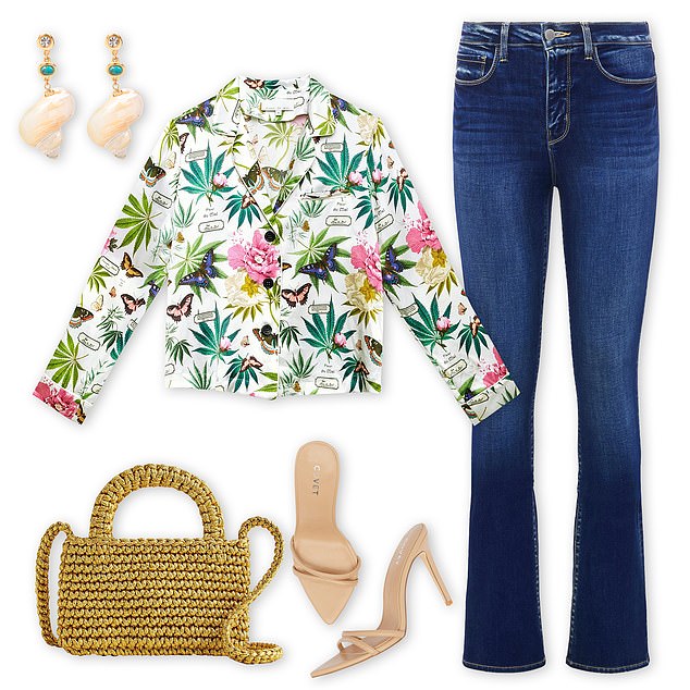 Shop it: Botanical PJ top by Fleur du Mal, $295; fleurdumal.com. Selma Bootcut Jean by L'Agence, $285; lagence.com. Shae nude heels by Covet Shoes, $147; covetshoes.com. Cadiz phone bag by J. Crew, $35.99; jcrew.com. LouLou statement earrings by Sequin, $148; sequin-nyc.com