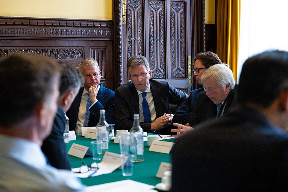 (from left to right) Stuart Andrew, Jeremy Wright, Alex Burghart and Lord True listen in during Rishi Sunak's first meeting of the interim Conservative Shadow Cabinet