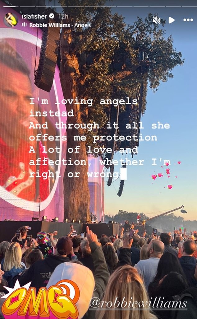 The Wedding Crashers star shared a photo to Instagram as she watched Robbie Williams' concert in London and made sure to repost the lyrics to his iconic song Angels, a song about loss and grief