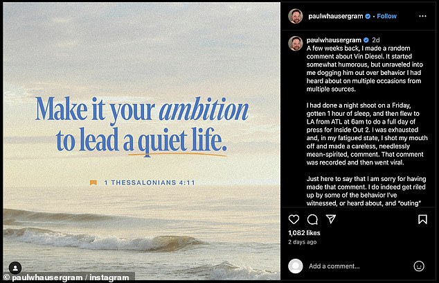 'I no longer feel that way,' he said in a lengthy apology letter in a caption accompanied by a photo showing Bible verse 1 Thessalonians 4:11, which read: 'Make it your ambition to lead a quiet life'