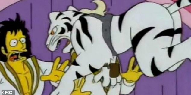 In the episode "$pringfield," which was aired in 1993, a white tiger attacks a pair of fictional magicians named Gunter and Ernst