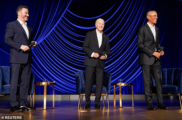 Biden was joined by former President Obama and late-night host Jimmy Kimmel for a conversation at the star-studded fundraiser. The president took aim at Donald Trump and the conservative Supreme Court during the glitzy event