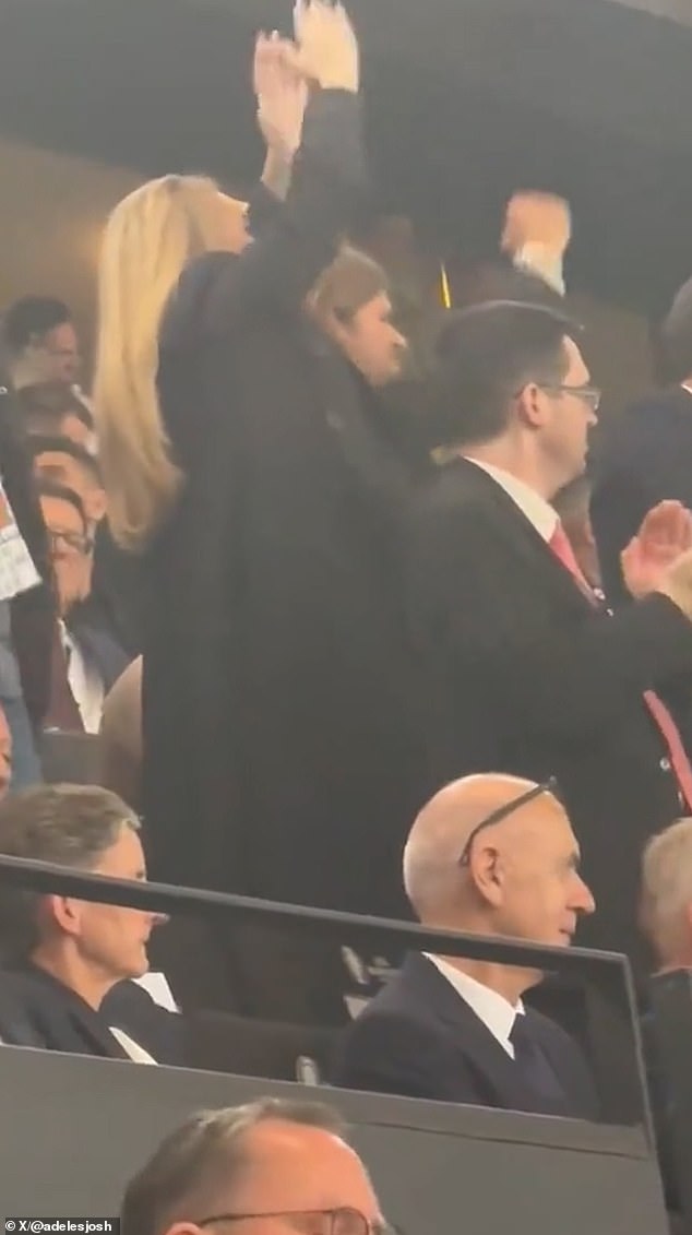 She joined the England fans in celebration at the goal which came after a controversial penalty was awarded